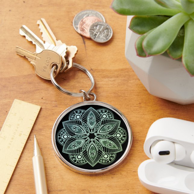 Exotic Tribal Green Gradient Mandala Key Ring (Desk)