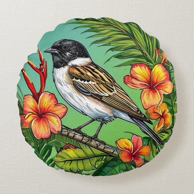 Exotic Tropical Bird with Flowers Paradise Artwork Round Cushion (Front)