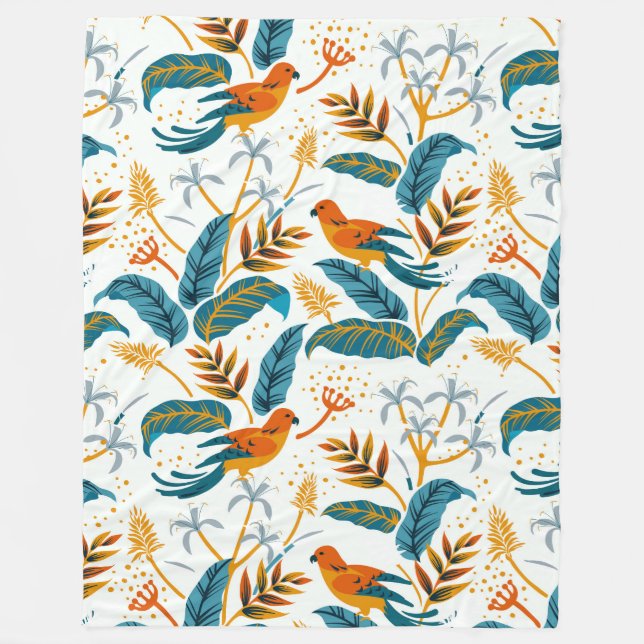 Exotic tropical birds and lush leaves pattern fleece blanket (Front)