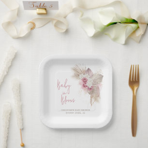 Exotic Tropical Boho Pink Roses Baby Shower Paper Plate