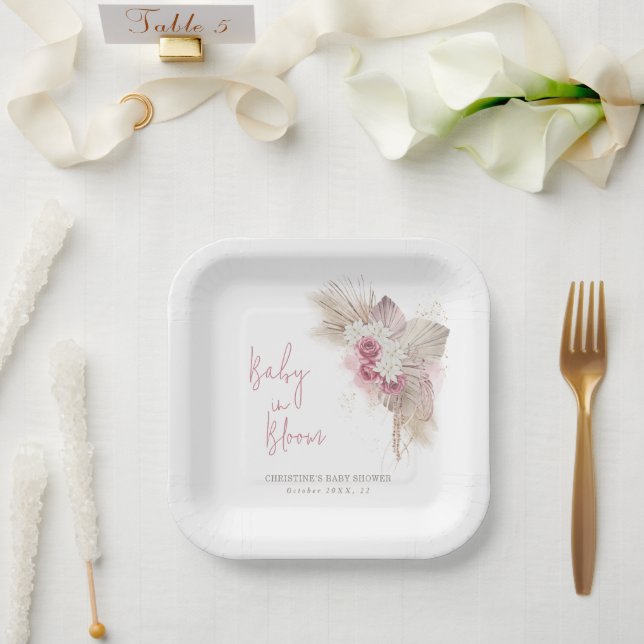 Exotic Tropical Boho Pink Roses Baby Shower Paper Plate (Wedding)