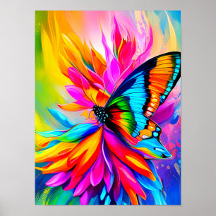Exotic Tropical Butterfly and Colorful Flowers Poster