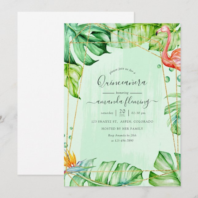 Exotic Tropical Flamingo Geometric Quinceañera Invitation (Front/Back)