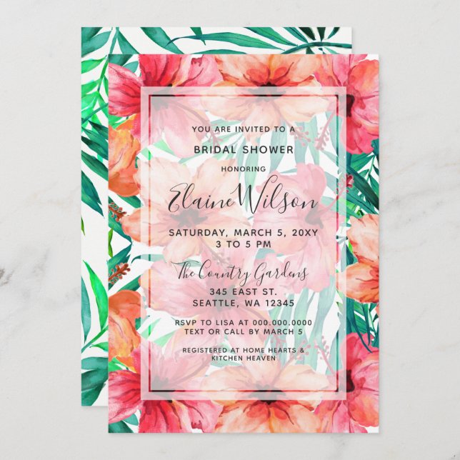 Exotic Tropical Floral Wedding Bridal Shower Invitation (Front/Back)