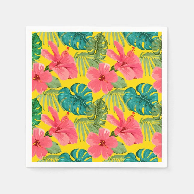 Exotic Tropical Flowers and Foliage on Yellow Napkin (Front)