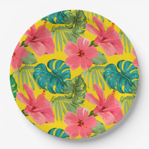 Exotic Tropical Flowers and Foliage on Yellow Paper Plate
