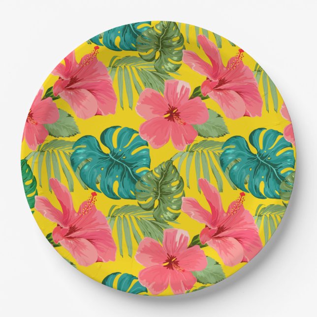 Exotic Tropical Flowers and Foliage on Yellow Paper Plate (Front)