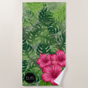 Exotic Tropical  🏝  Flowers and Palm Leaves Beach Towel