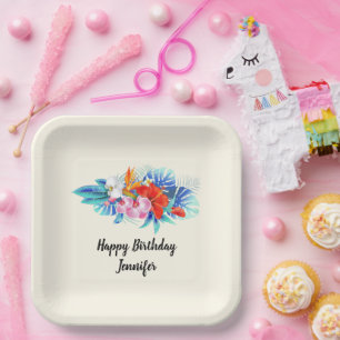 Exotic Tropical Flowers  Birthday Paper Plate
