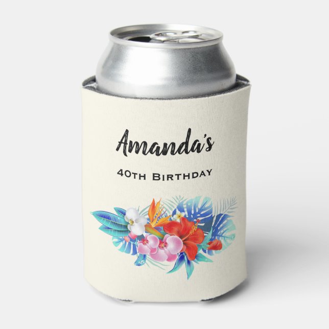 Exotic Tropical Flowers in Pink and Aqua Birthday Can Cooler (Can Front)
