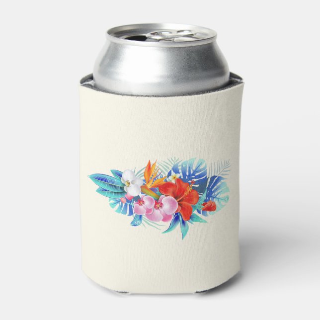 Exotic Tropical Flowers in Pink and Aqua Can Cooler (Can Front)