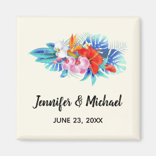 Exotic Tropical Flowers in Pink and Aqua Wedding Magnet