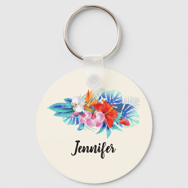 Exotic Tropical Flowers in Pink and Turquoise Key Ring (Front)