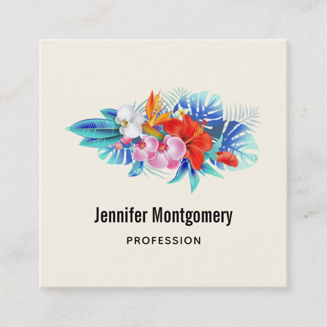 Exotic Tropical Flowers in Pink and Turquoise Square Business Card (Front)