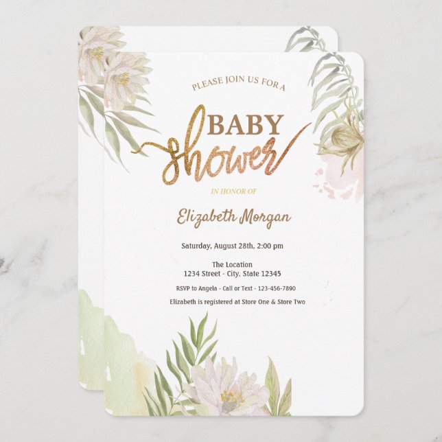 Exotic Tropical Flowers Leaves Baby Shower Invitation (Front/Back)