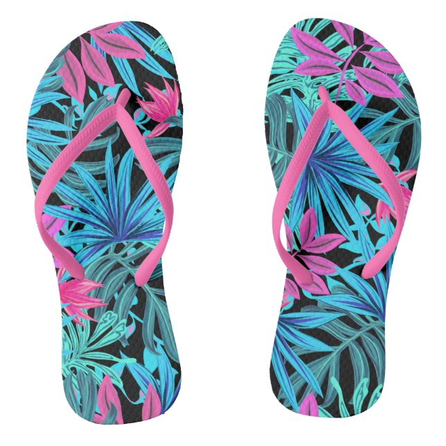 Exotic Tropical Flowers of Hot Pink & Blue Thongs (Footbed)