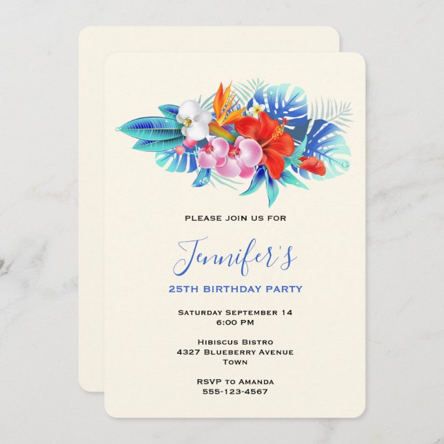 Exotic Tropical Flowers - Pink & Aqua Birthday Invitation (Front/Back)