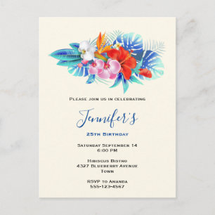 Exotic Tropical Flowers - Pink & Aqua Birthday Invitation Postcard