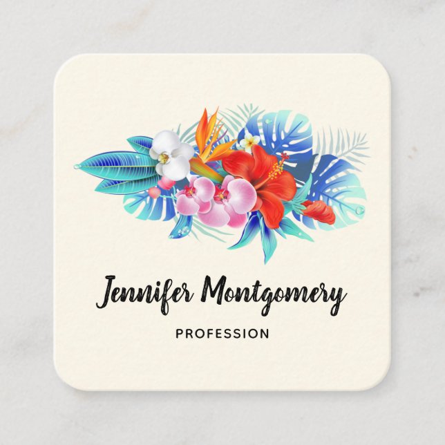 Exotic Tropical Flowers - Pink & Aqua Square Business Card (Front)