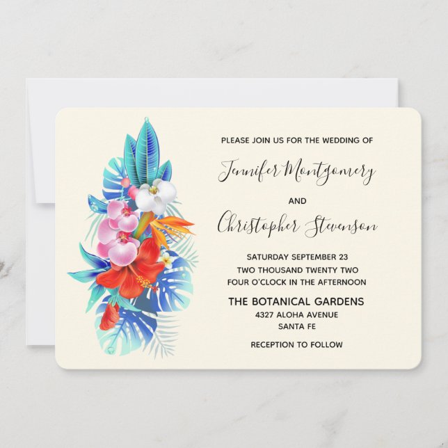 Exotic Tropical Flowers - Pink & Aqua Wedding Invitation (Front)