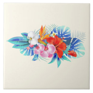 Exotic Tropical Flowers - Pink & Aquamarine Ceramic Tile