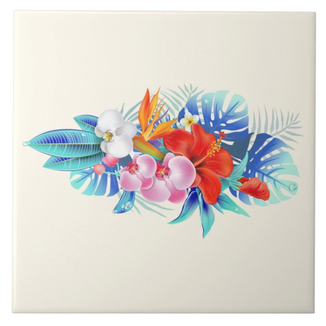 Exotic Tropical Flowers - Pink & Aquamarine Ceramic Tile (Front)