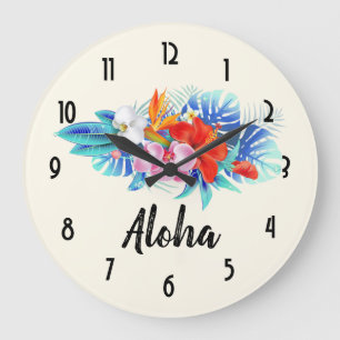 Exotic Tropical Flowers - Pink & Aquamarine Large Clock