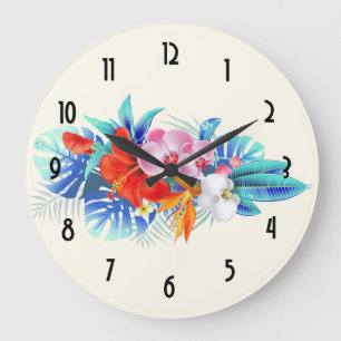 Exotic Tropical Flowers - Pink & Aquamarine Large Clock