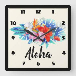 Exotic Tropical Flowers - Pink & Aquamarine Square Wall Clock