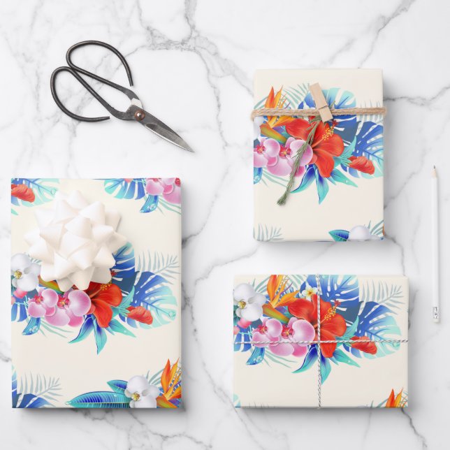 Exotic Tropical Flowers - Pink & Aquamarine Wrapping Paper Sheet (Front)