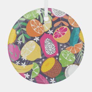 Exotic Tropical Fruits Dark Background Glass Tree Decoration