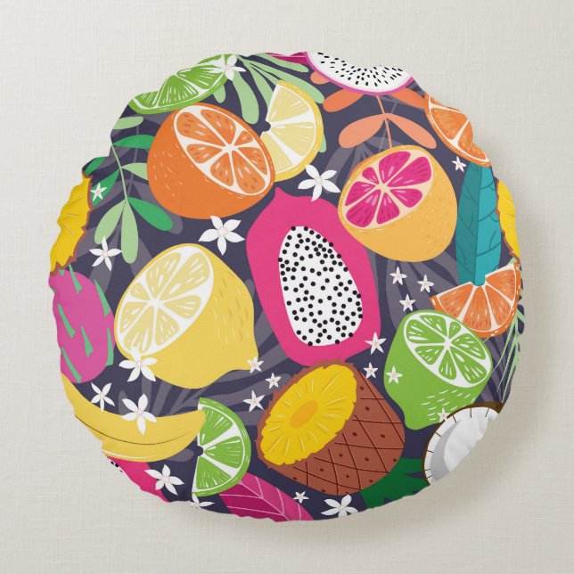 Exotic Tropical Fruits Dark Background Round Cushion (Front)
