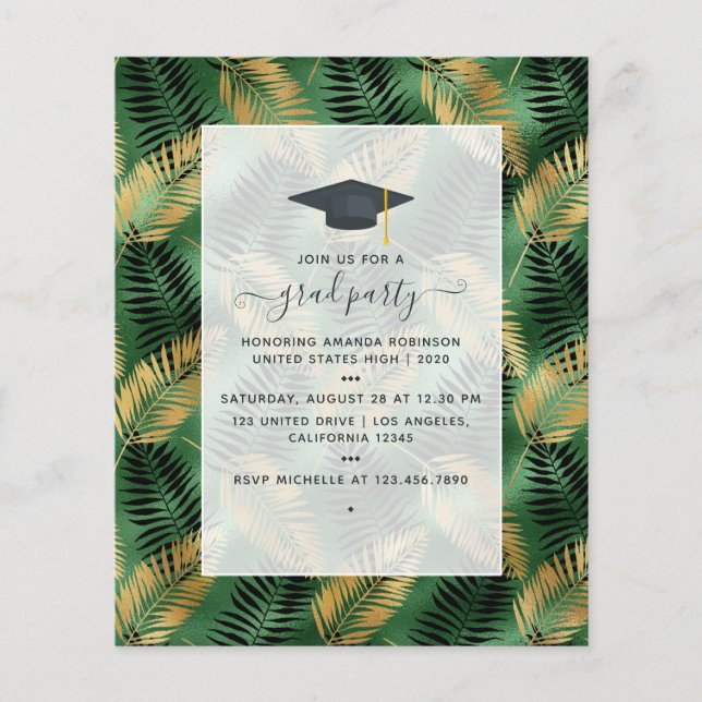 Exotic Tropical Green and Gold Graduation Party Flyer (Front)