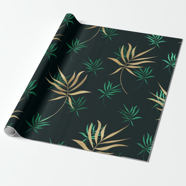 Exotic Tropical Green and Gold Wrapping Paper (Unrolled)