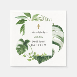 Exotic Tropical Leaves Gold Cross Boy Baptism   Napkin