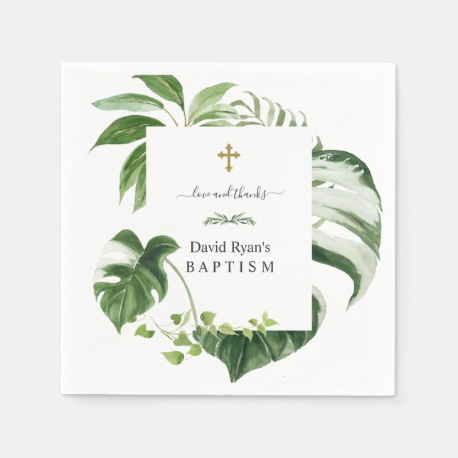 Exotic Tropical Leaves Gold Cross Boy Baptism   Napkin (Front)