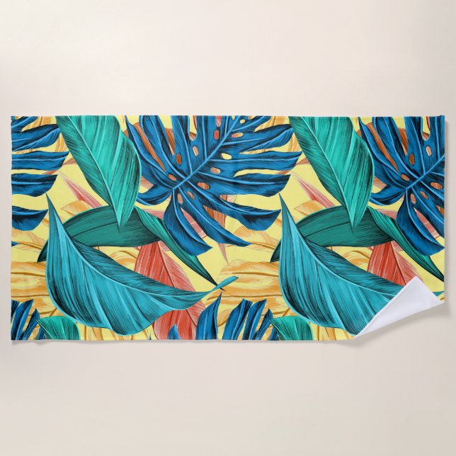 Exotic Tropical Leaves on Lemon Yellow Beach Towel (Front)