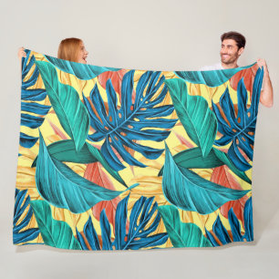 Exotic Tropical Leaves on Lemon Yellow Fleece Blanket