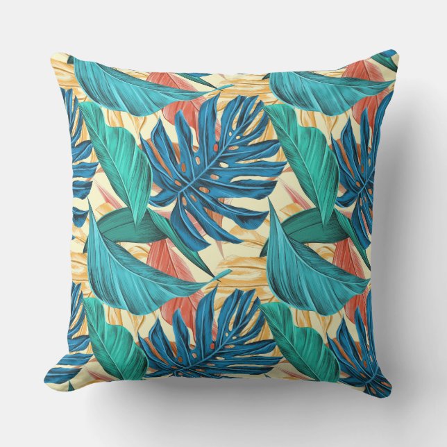 Exotic Tropical Leaves on Light Yellow Cushion (Front)