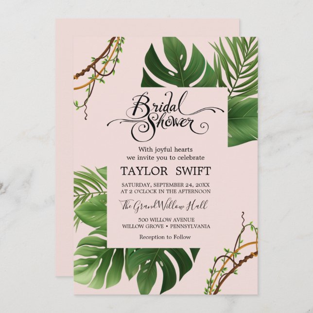 Exotic Tropical Palm | Blush Bridal Shower  Invitation (Front/Back)