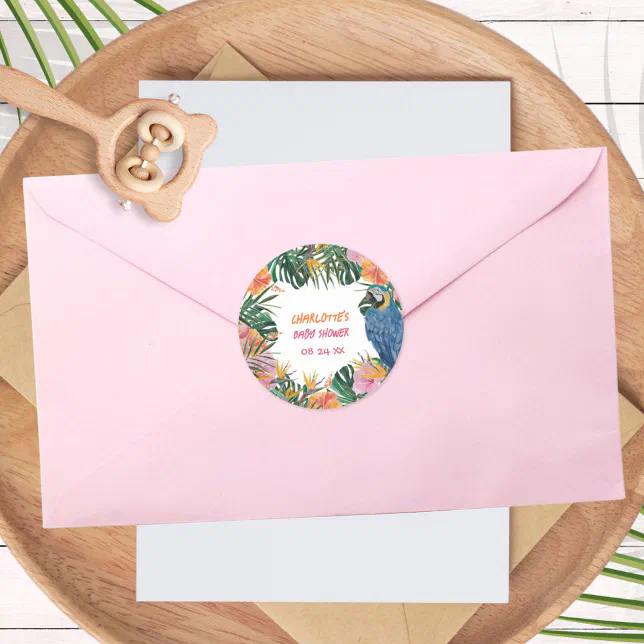 Exotic Tropical Parrot Jungle Baby Shower Classic Round Sticker | Zazzle