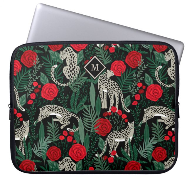 Exotic Tropical Pattern Leopards and Monogram Laptop Sleeve (Front)