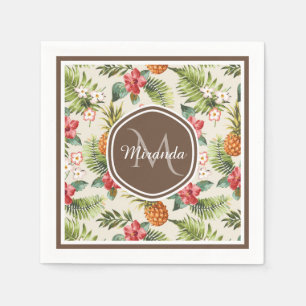Exotic Tropical Pineapple Floral Brown Monogram Napkin