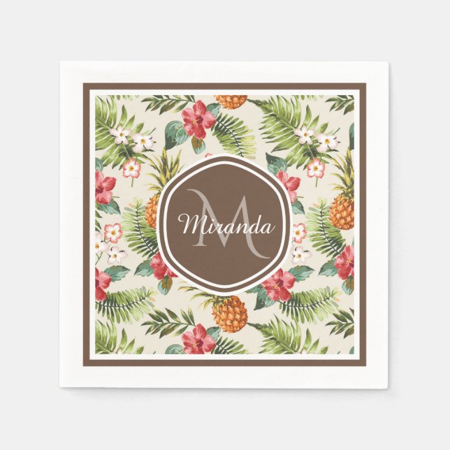 Exotic Tropical Pineapple Floral Brown Monogram Napkin (Front)