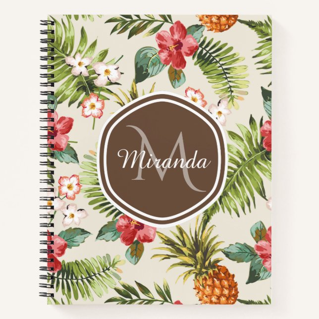 Exotic Tropical Pineapple Floral Brown Monogram Notebook (Front)