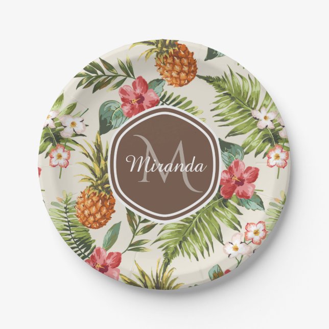 Exotic Tropical Pineapple Floral Brown Monogram Paper Plate (Front)