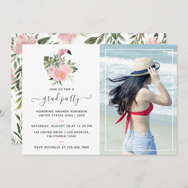 Exotic Tropical Pink Flamingo Graduation Party Invitation (Front/Back)