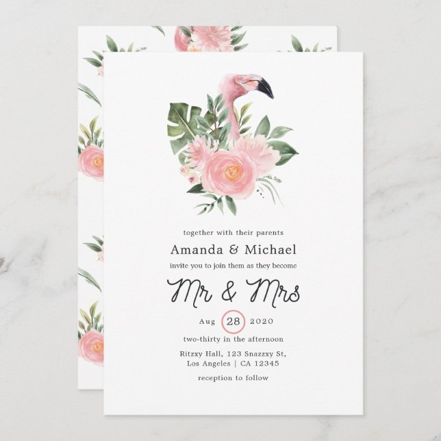 Exotic Tropical Pink Flamingo Mr & Mrs Wedding Invitation (Front/Back)