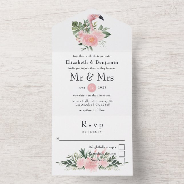Exotic Tropical Pink Flamingo Wedding All In One Invitation (Inside)