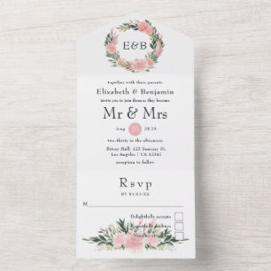 Exotic Tropical Pink Flamingo Wedding Monogram All In One Invitation